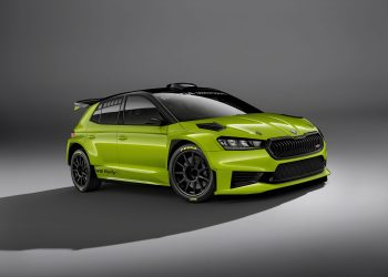 Skoda Fabia RS Rally2 front three quarter shot in studio