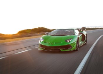 Lamborghini Aventador SVJ driving along road