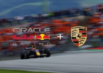 Red Bull Racing and Porsche logo over blurred background image of RB18 Formula 1 car in Austria