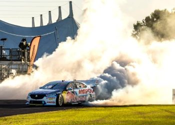 Shane van Gisbergen Red Bull Racing #97 Holden Commodore burnout after winning Townsville Supercars race 19