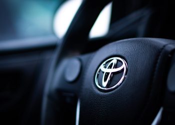 Toyota logo badge on steering wheel