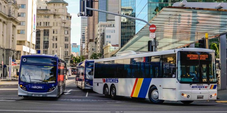Buses on Queen Street in Auckland