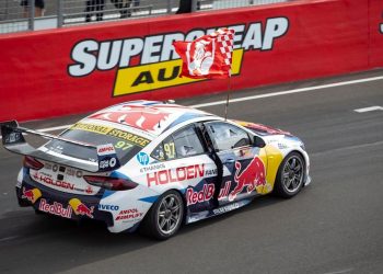 Holden ZB Commodore rear three quarter view driving at Bathurst