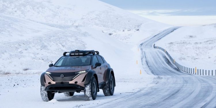 Nissan Ariya pole-to-pole adventure SUV on snowy road