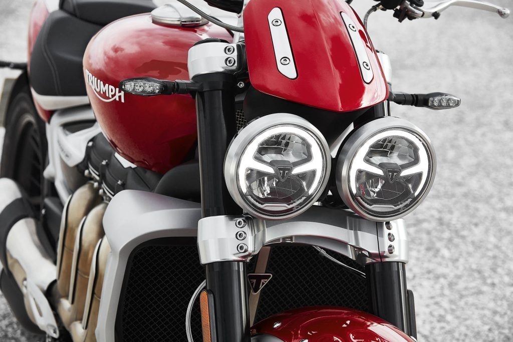 Headlights of the 2023 Triumph Rocket III, with logos in centre