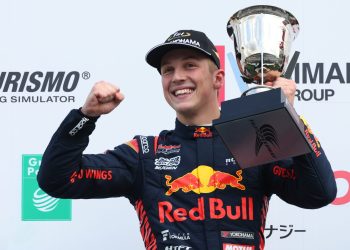 Liam Lawson celebrating first 2023 Super Formula victory