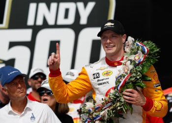 Josef Newgarden celebrating 2023 Indy 500 win