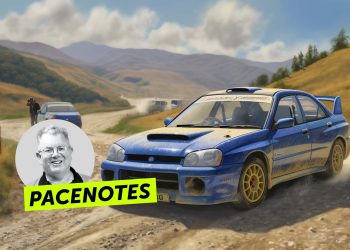 Pacenotes - Impreza rally car next to something questionable