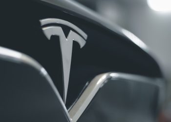 Tesla badge close up view