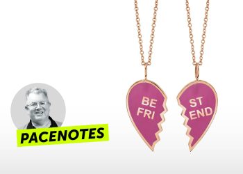 Pacenotes July issue cover, broken heart friendship necklace