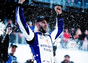 Shane van Gisbergen celebrating NASCAR debut win