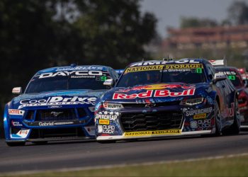 SVG Chevrolet Camaro and Ford Mustang Supercars racing at Darwin