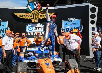 Scott Dixon celebrating Gallagher GP win at Indianapolis