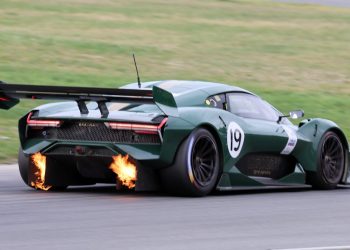 Brabham BT62 spitting flames while racing on track