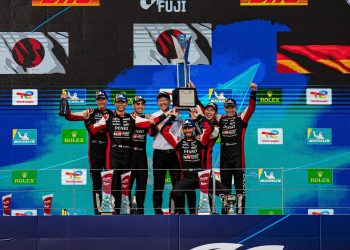 Brendon Hartley standing on podium at 6 Hours of Fuji