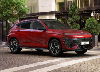 Hyundai Kona in red front three quarter view