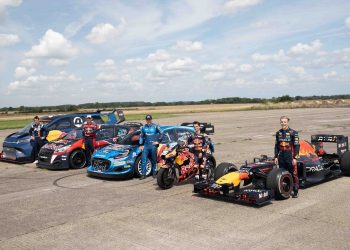 Red Bull F1 car, MotoGP bike, WRC rally car, Rallycross car, Ford E-Transit Supervan drag race line up