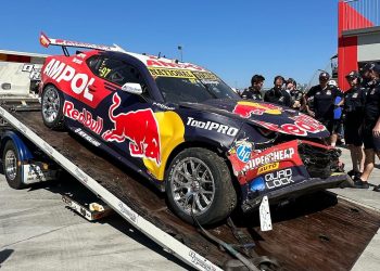 Shane van Gisbergen's crash damaged Supercar after brake failure at Queensland Raceway