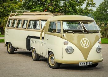 Volkswagen Type 2 and camper trailer front three quarter view