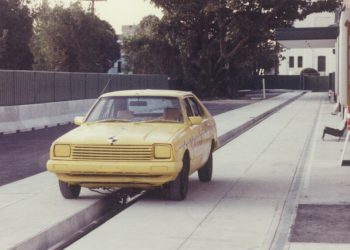 Car undergoing crash test in 1990s