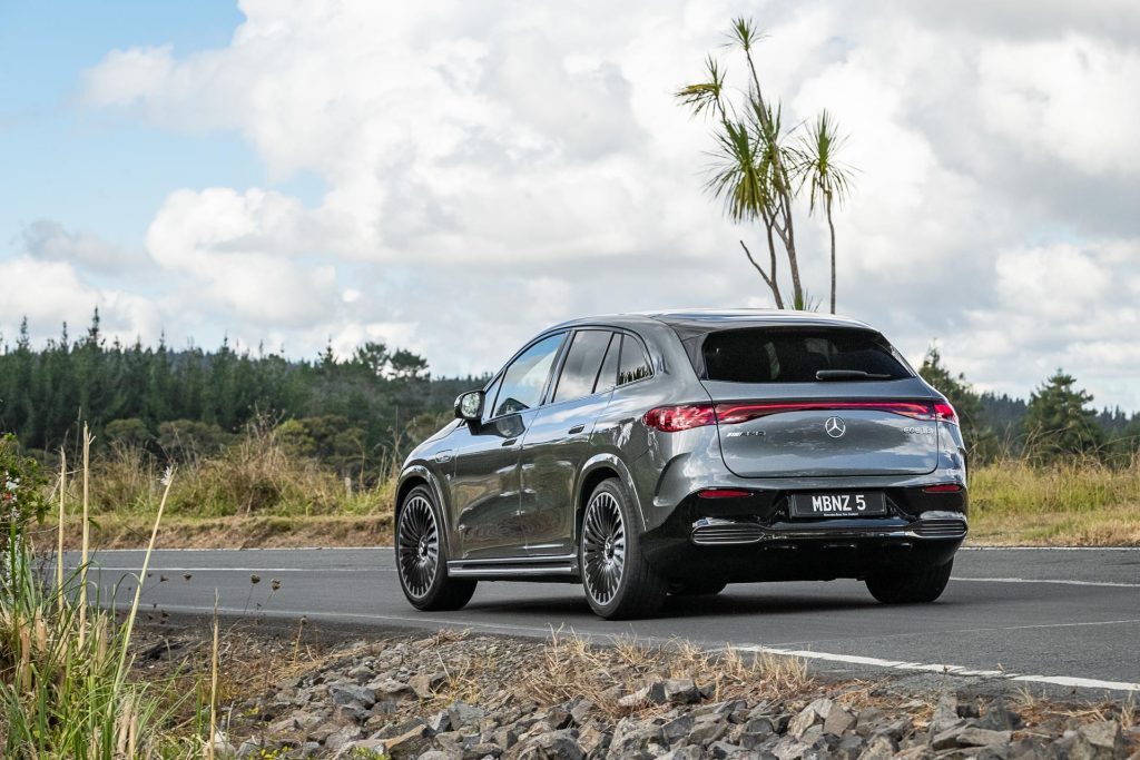 2024 Mercedes-Benz EQE 53 rear view, cornering at pace