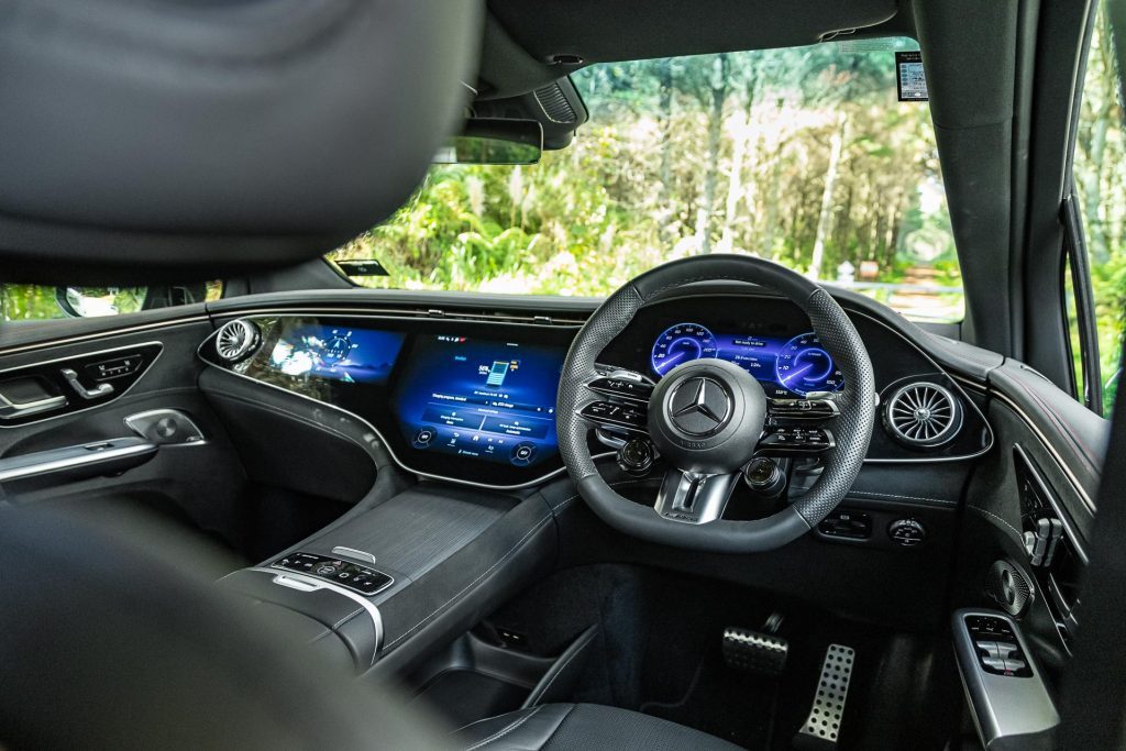 wide interior view of the 2024 Mercedes-Benz EQE 53, showing steering wheel