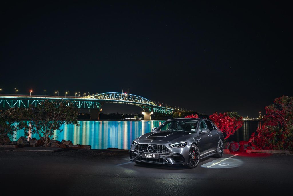 Mercedes-AMG C 63 S E Performance lightpaint in front of the Auckland harbour bridge