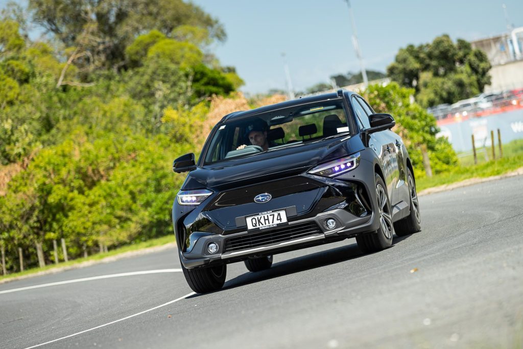 Cornering shot of the Subaru Solterra in black