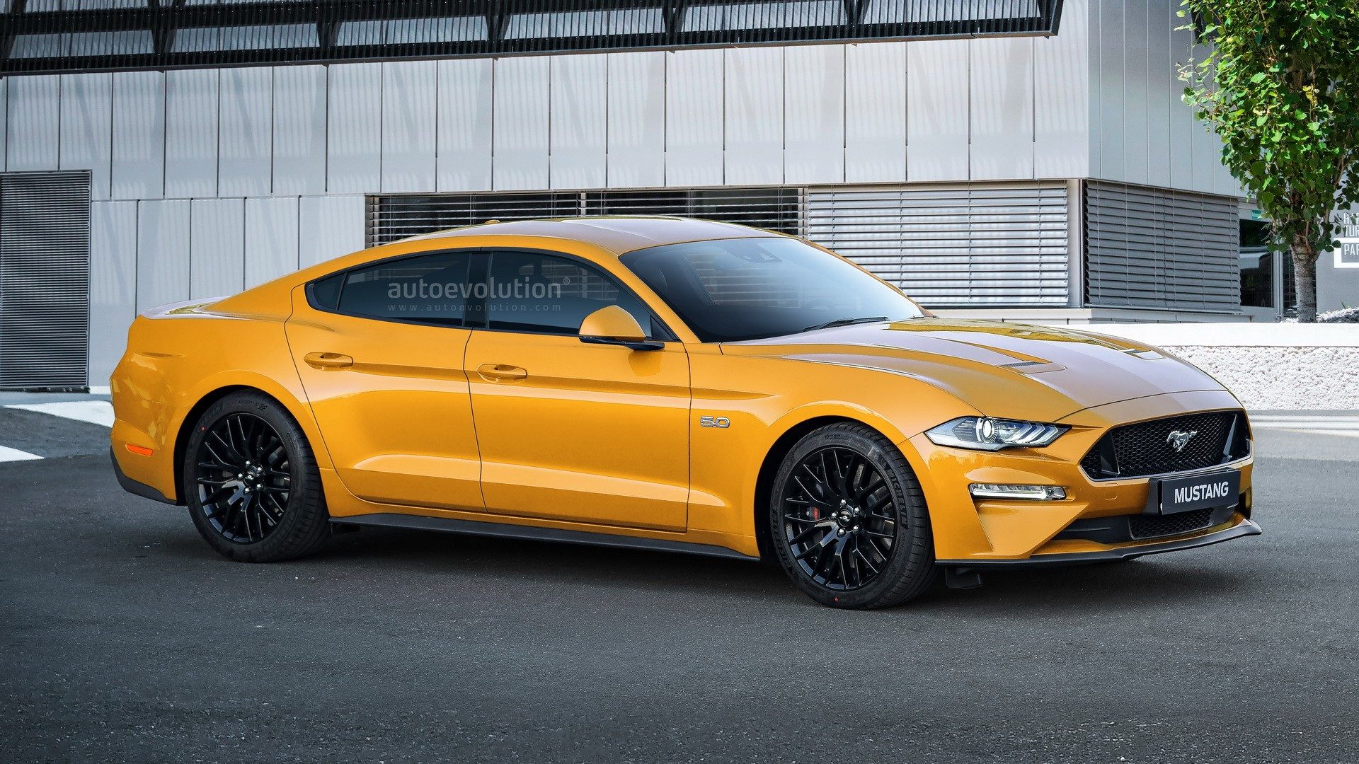 A rendering of a four-door Mustang in gold.