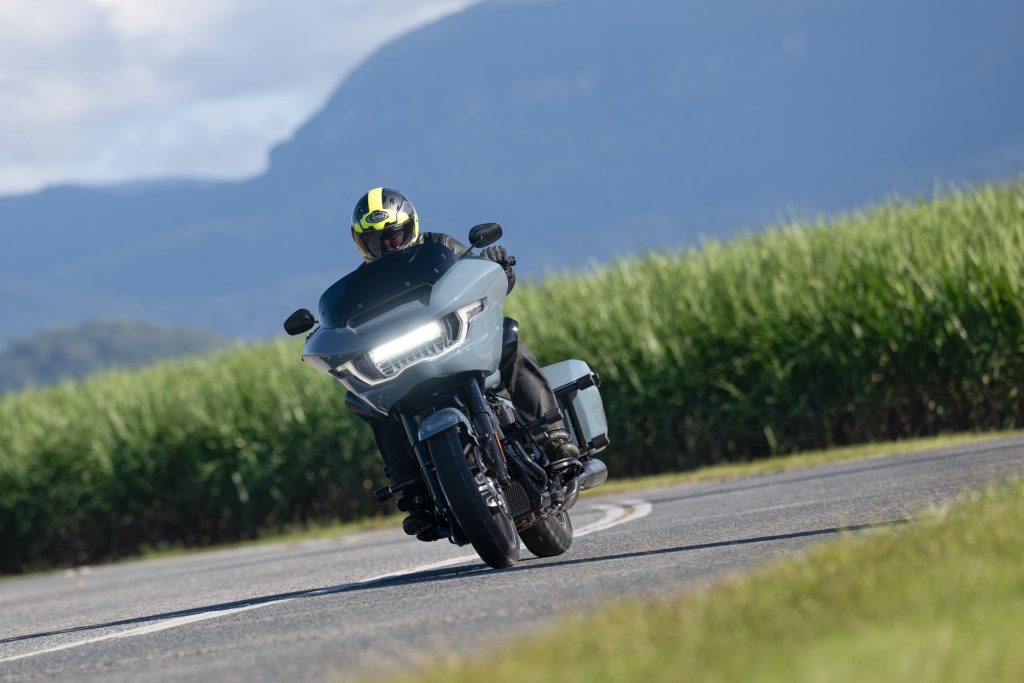 Harley-Davidson Road Glide cruising, with Australian country in the background