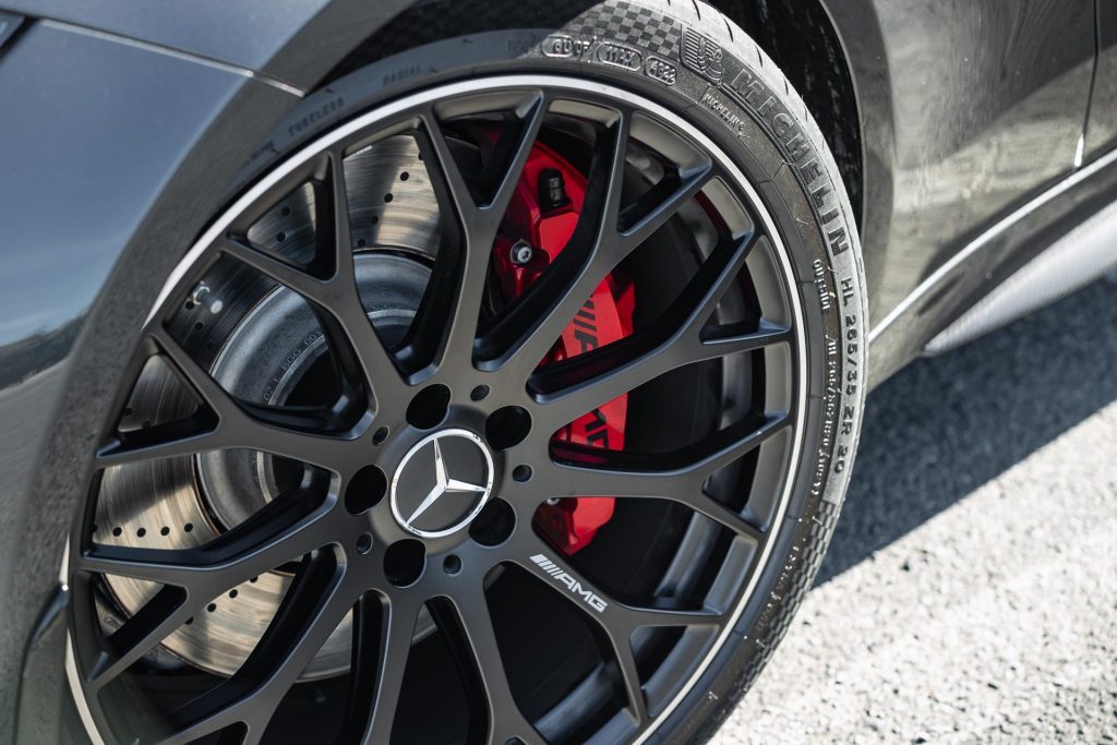 Brake caliper and wheel detail on the 2024 Mercedes-AMG C 63 S