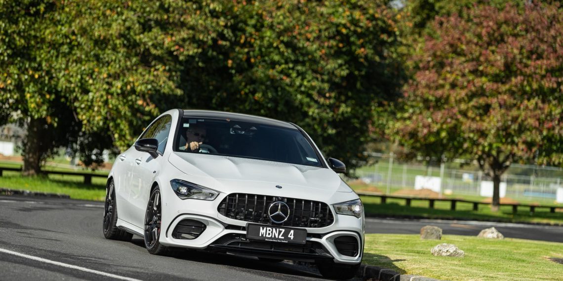 Mercedes-AMG CLA45 taking a corner in Auckland