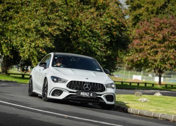 Mercedes-AMG CLA45 taking a corner in Auckland