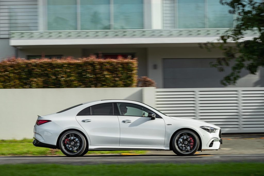 Panning side shot of the Mercedes-AMG CLA 45 S 2024