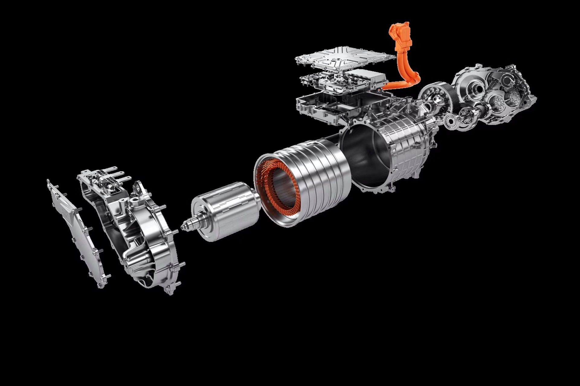 An exploded view of the motor and battery set up in the Zeekr MIX.