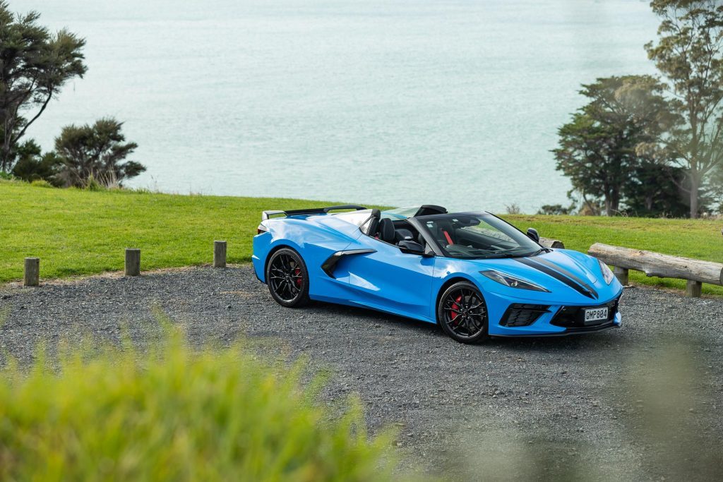 Chevrolet Corvette String 3LT Convertible in blue, parked in a national park