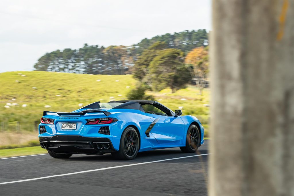 Rear quarter panning shot of the Chevrolet Corvette Stingray 3LT Convertible