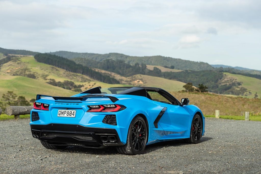 Rear quarter view of the 2024 Chevrolet Corvette Stingray 3LT Convertible in blue