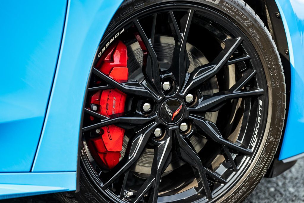 Wheel close-up, showing red Corvette brakes