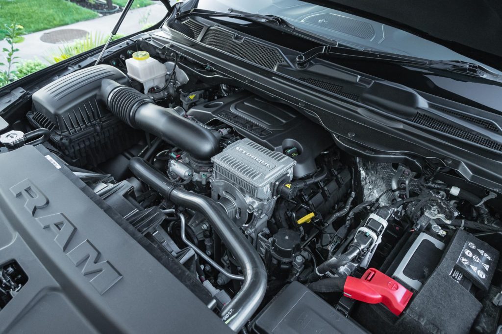 Engine bay of the 2024 Ram 1500 Big Horn, with e-torque system