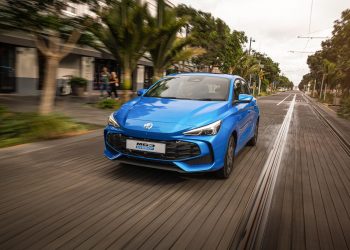 MG3 Hybrid Essence in blue, driving on NZ streets, rolling shot