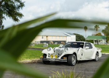 Mitsuoka-Le-Seyde in white, parked, shot from behind a flax bush