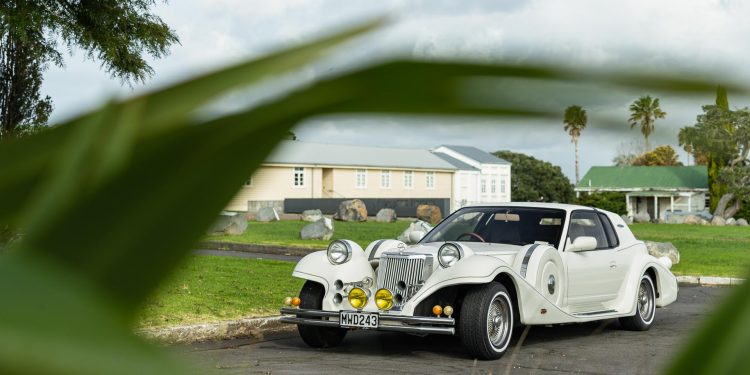 Mitsuoka-Le-Seyde in white, parked, shot from behind a flax bush