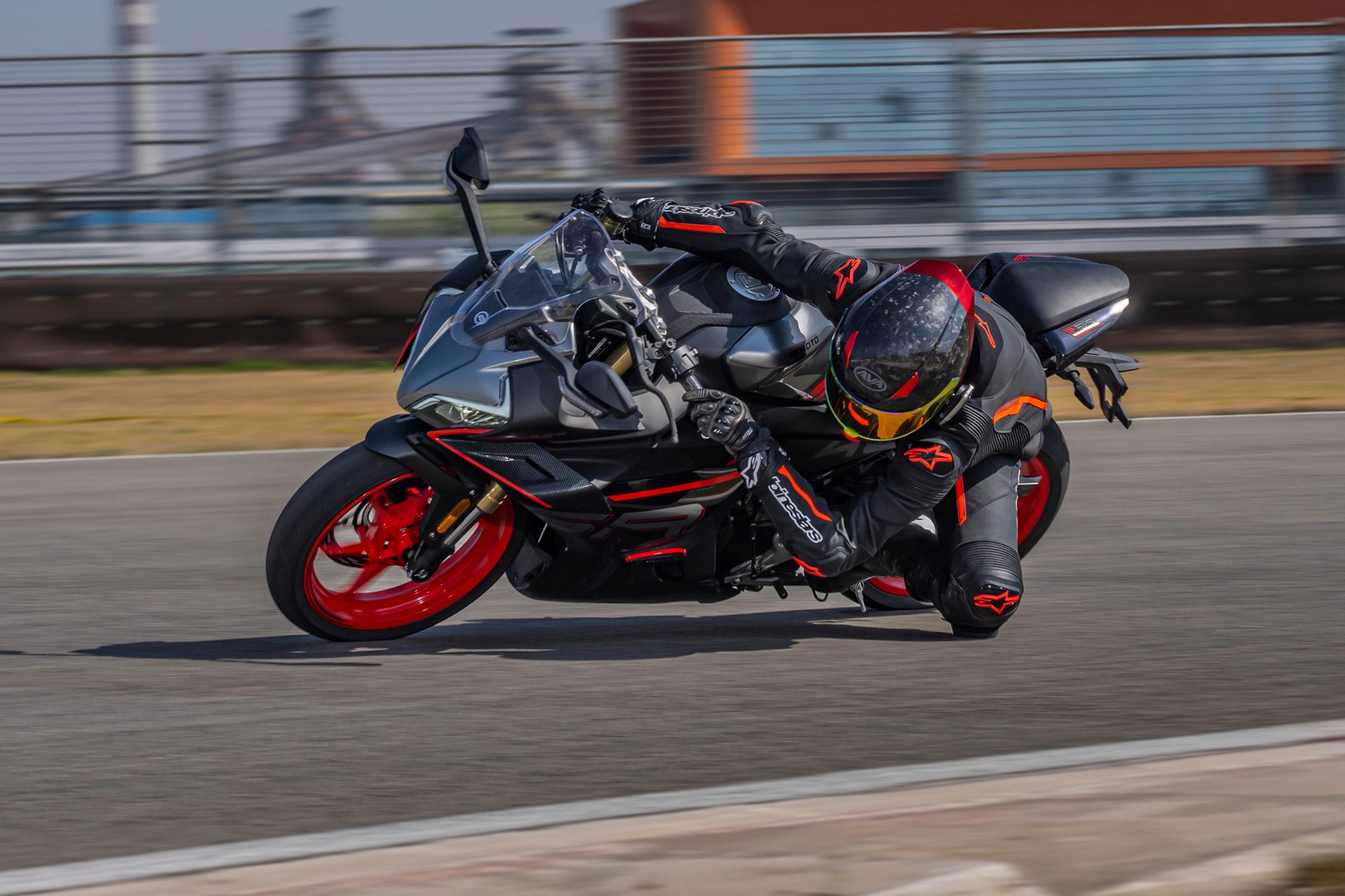 On track, CF 450SR S cornering knee-down style.