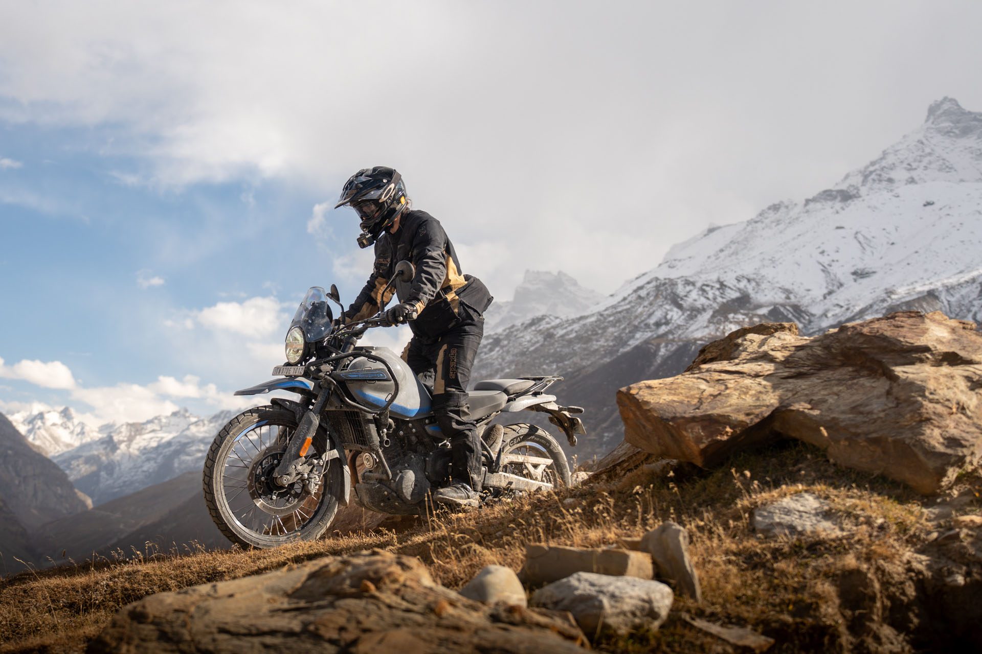 The new RE Himalayan adventure bike does its thing in the mountains. 