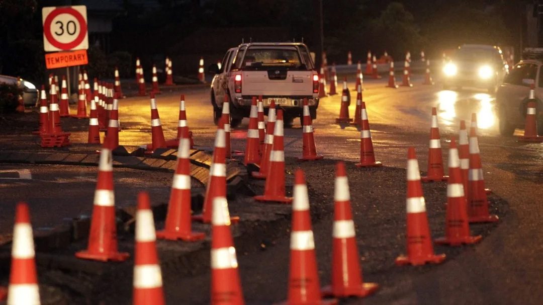 Heavy use of road cones in NZ.