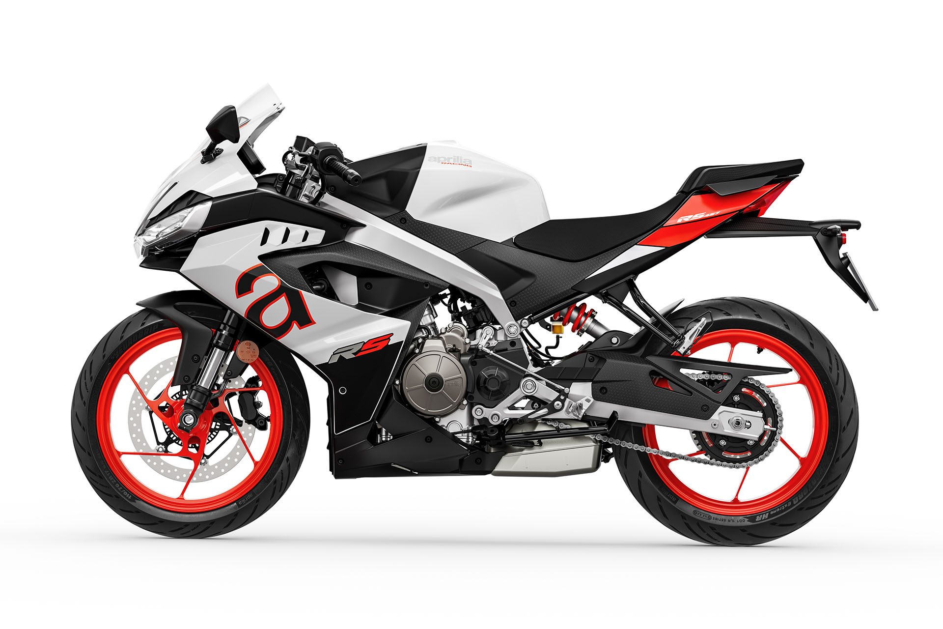 Heading west, standing still is the Aprilia RS 457.