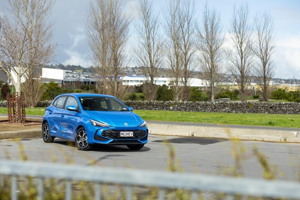 MG3 Hybrid+ Essence in blue, parked in a carpark, front quarter view