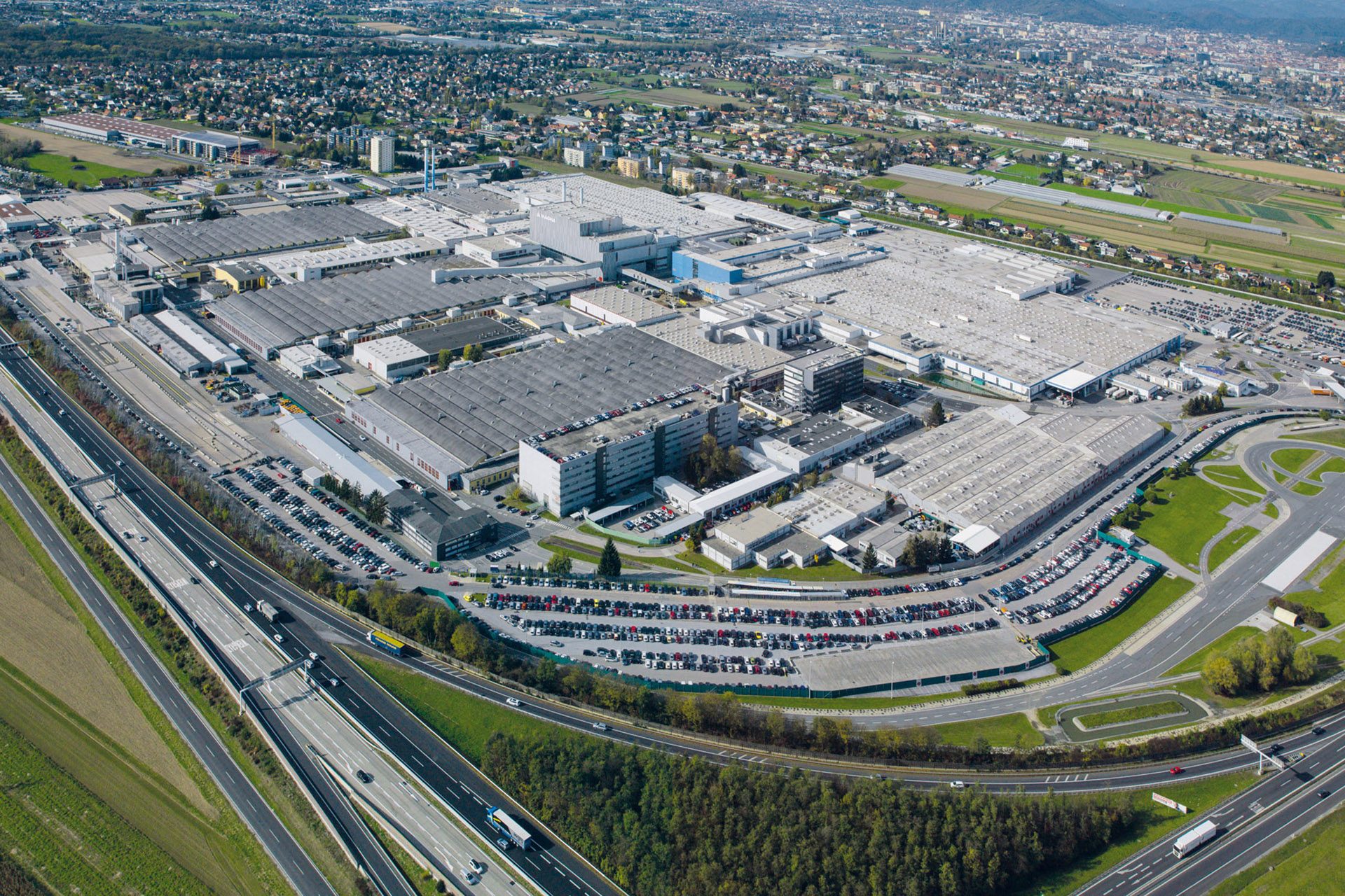 An overhead shot of the facilities show the sheer size of the Graz operation.