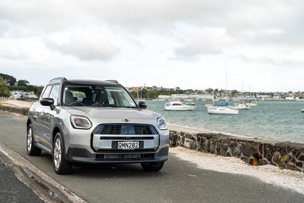 Mini Countryman Core Classic front quarter shot, parked on an east Auckland shorelind